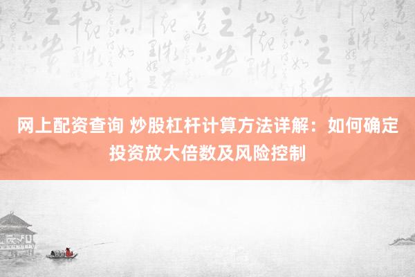 网上配资查询 炒股杠杆计算方法详解：如何确定投资放大倍数及风险控制